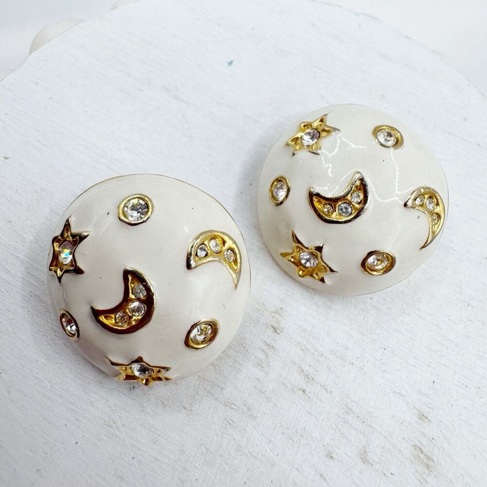 Vtg Celestial Moon Star White Enamel Dome Rhinestone Clip On Earrings Gold Tone